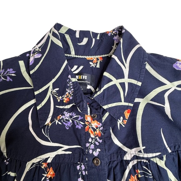 Maeve Anthropologie SP Floral Puff Sleeve Button Down Blouse Navy Cotton - Picture 2 of 9